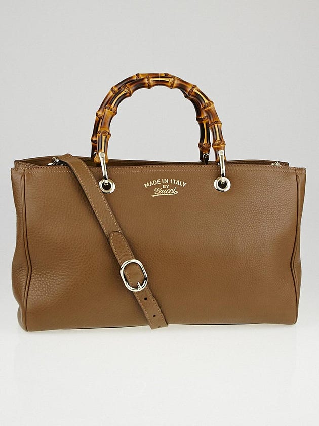 Gucci Brown Pebbled Leather Bamboo Top Handle Medium Tote Bag