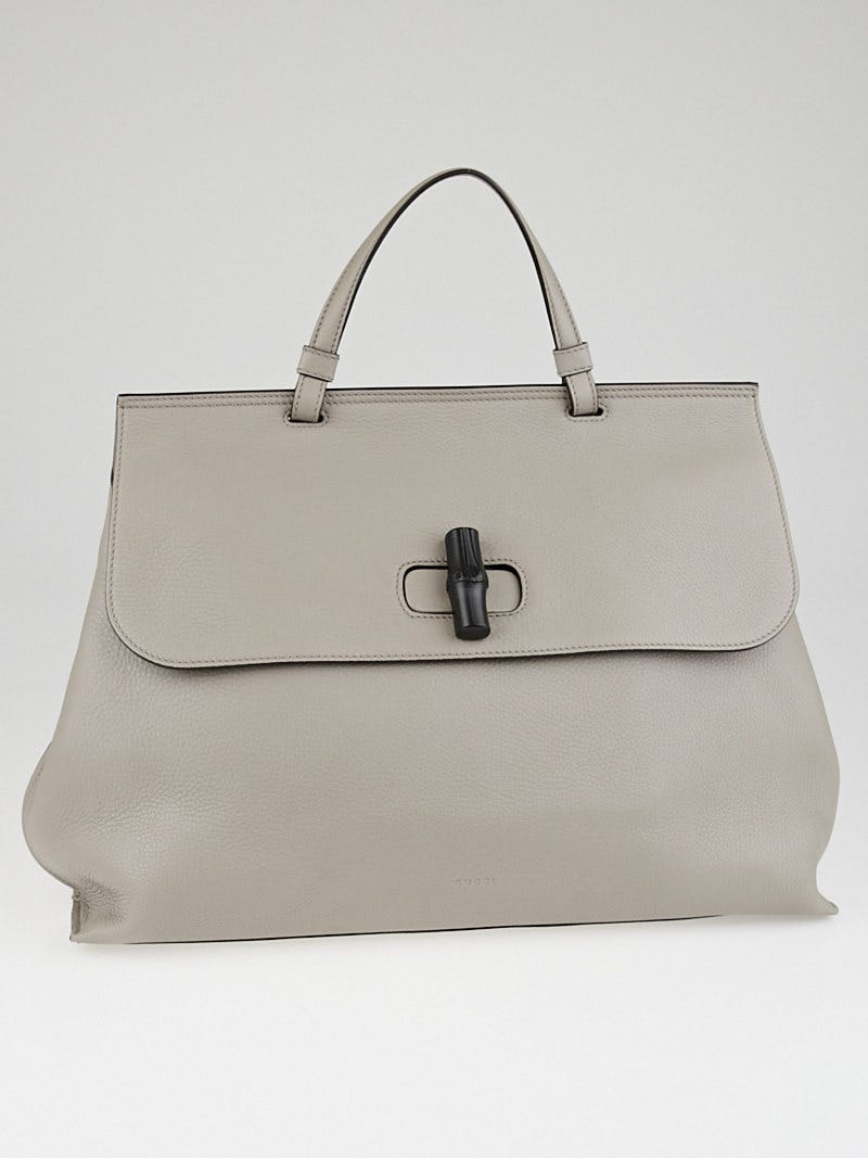 Gucci Grey Pebbled Leather Large Bamboo Daily Top Handle Bag w/o Shoulder Strap