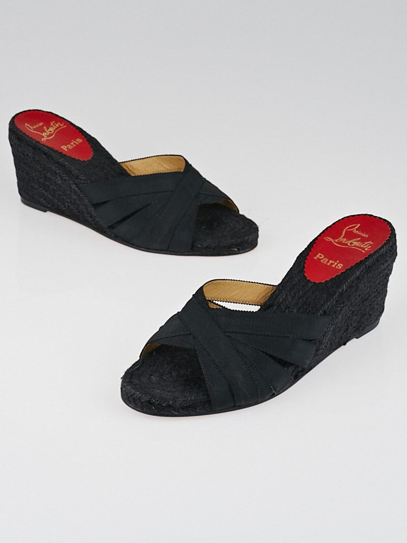Christian Louboutin Black Grosgrain Espadrille Slide Wedges Size 6.5/37