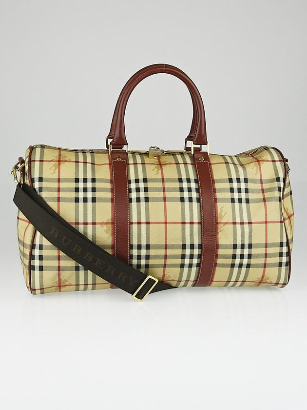 Burberry Brown Leather and Haymarket Check Coated Canvas Travel Duffel Bag