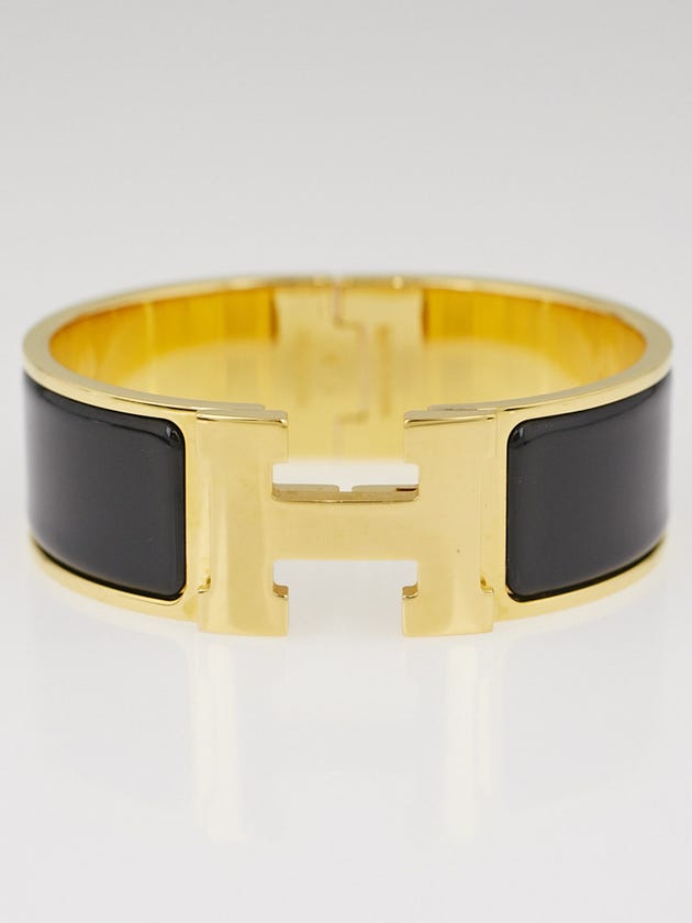 Hermes Black Enamel Gold Plated Clic-Clac H PM Wide Bracelet 