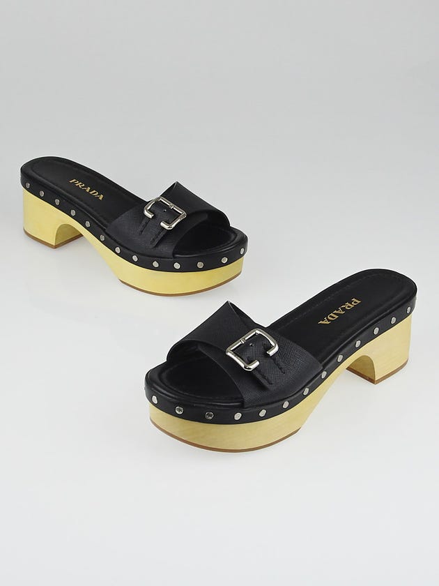 Prada Black Saffiano Leather Buckle Slide Clogs Size 10/40.5