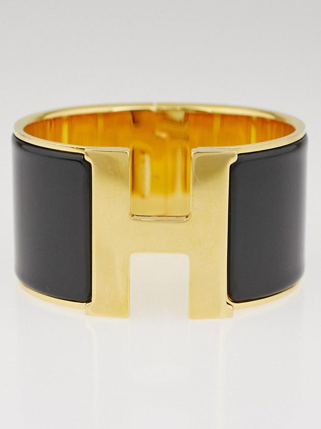 Hermes Black Enamel Gold Plated Clic H PM Extra Wide Bracelet