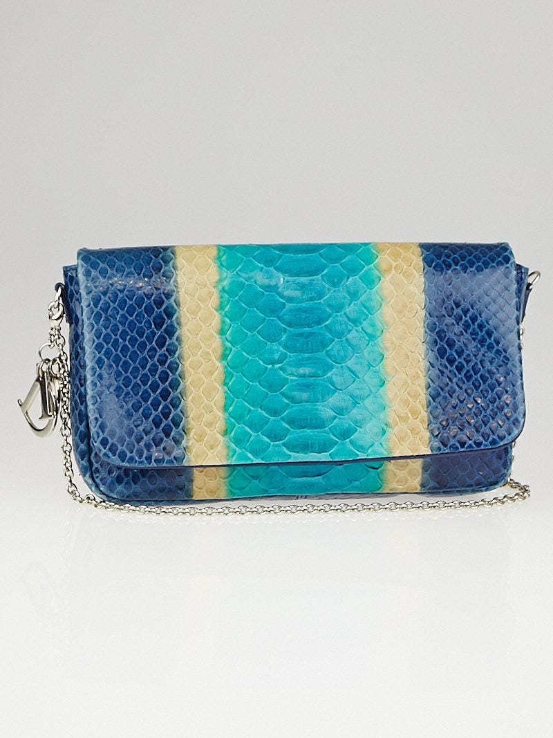 Christian Dior Blue Multicolor Python Snakeskin Chain Clutch Bag