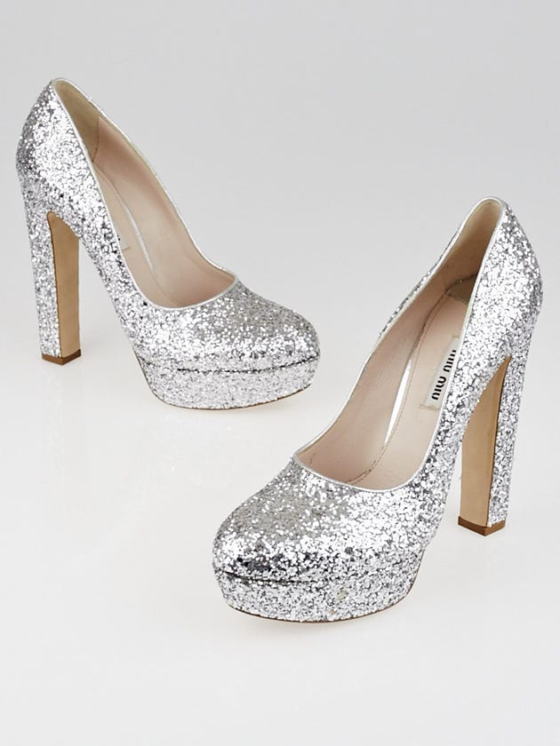 Miu Miu Argento Glitter Platform Pumps Size 8.5/39