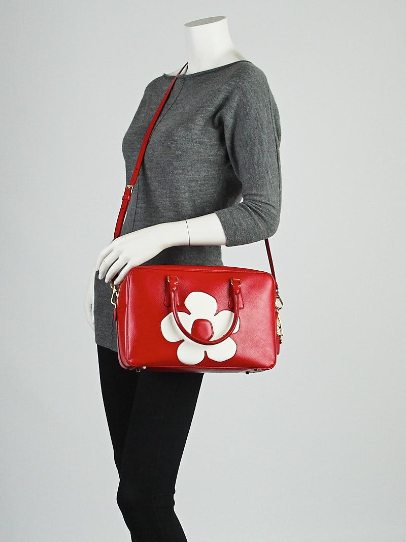 Prada Red/White Saffiano Vernice Patent Leather Flower Top Prada Red/White Saffiano Vernice Patent Leather Flower Top
