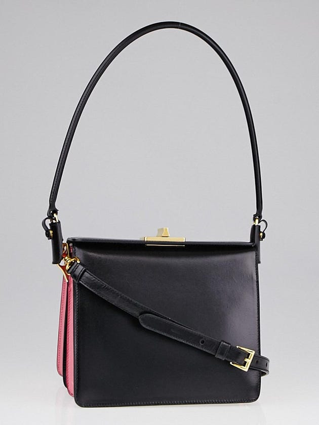 Prada Black/Begonia Box Leather Shoulder Bag B5043C