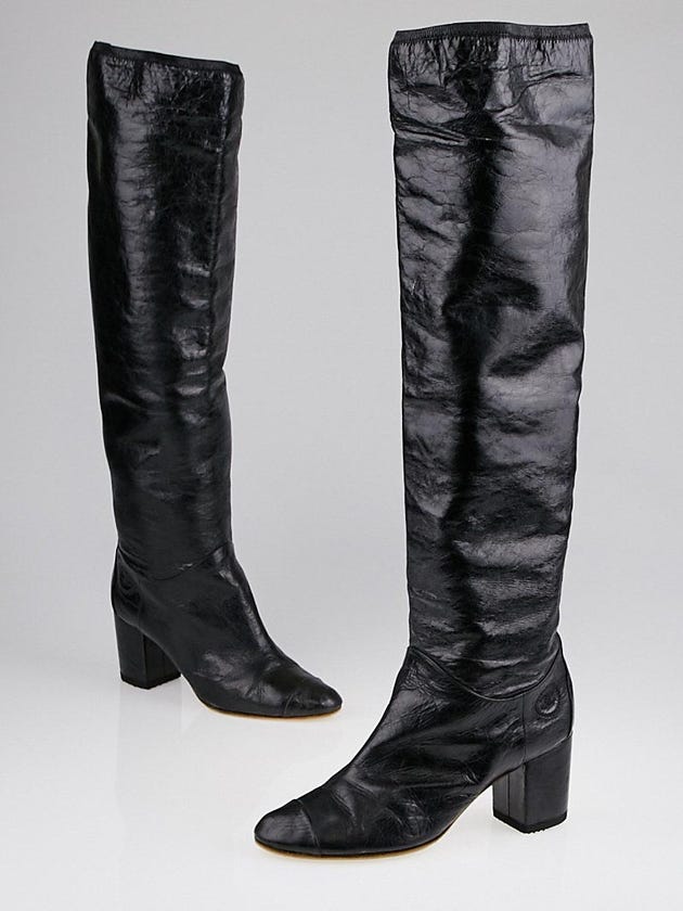 Chanel Black Distressed Leather Cap Toe Knee-High Boots Size 10/40.5