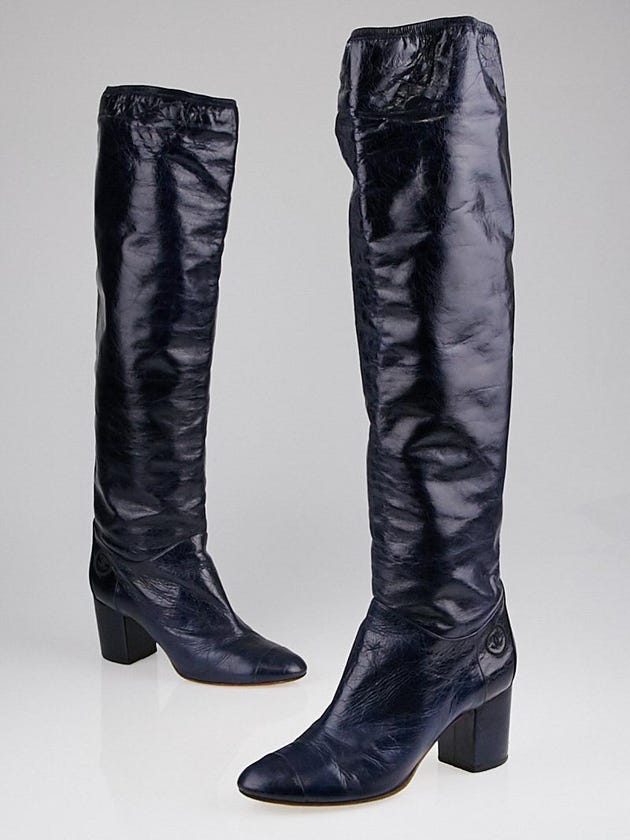 Chanel Blue Distressed Leather Cap Toe Knee-High Boots Size 10/40.5