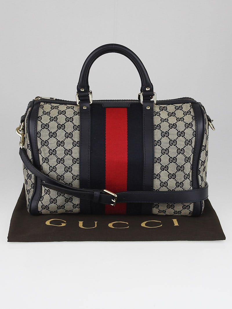 Gucci Black Pebbled Leather Vintage Web Medium Boston Bag w/ Shoulder Strap  - Yoogi's Closet