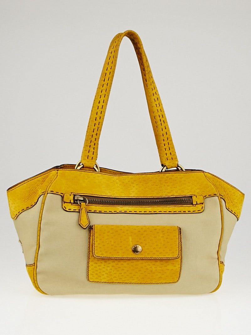 Prada Beige Canvas and Yellow Textured Suede Small Tote Bag