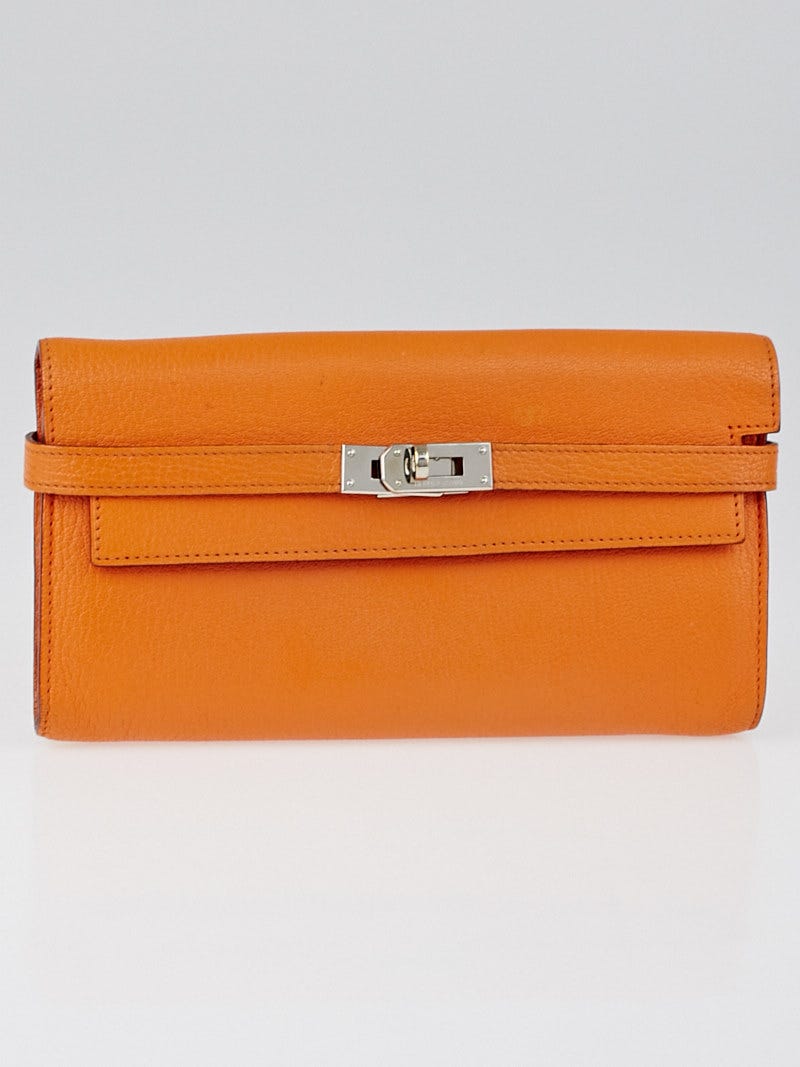 Hermes Orange Chevre Leather Kelly Long Wallet - Yoogi's Closet