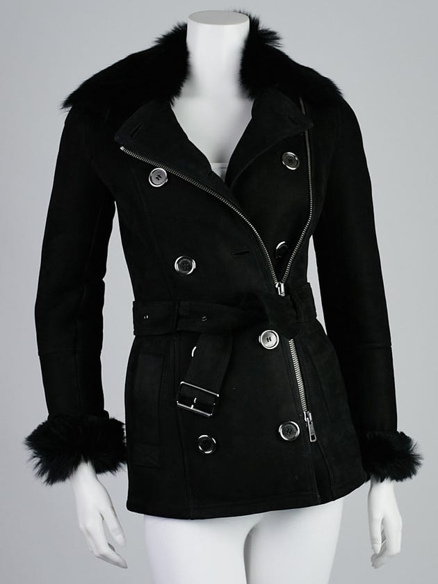 Burberry Brit Black Lambskin Suede and Shearling Military Jacket Size 2