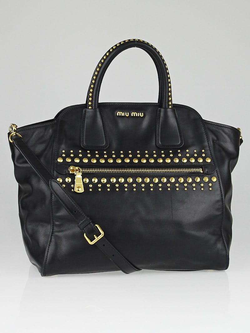 Miu Miu Black Soft Calf Leather Studded Trapeze Bag RN0935