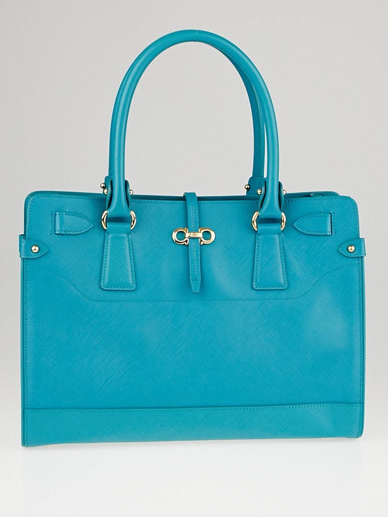 Salvatore Ferragamo Turqoise Saffiano Leather Briana Tote Bag Yoogi s Closet