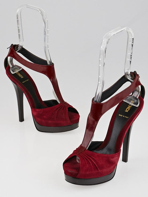 Fendi Red Suede and Patent Leather Platform T-Strap Sandals Size 6.5/37