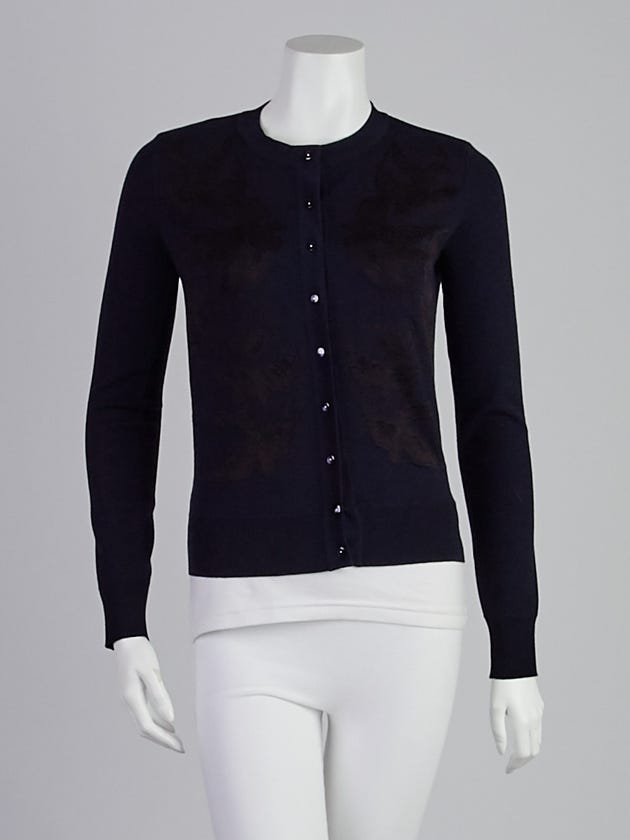 Alexander McQueen Navy Blue Wool Blend Bird Embroidered Cardigan Sweater Size S