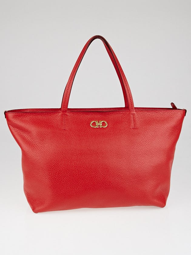 Salvatore Ferragamo Red Pebbled Leather Bice Shopping Tote Bag