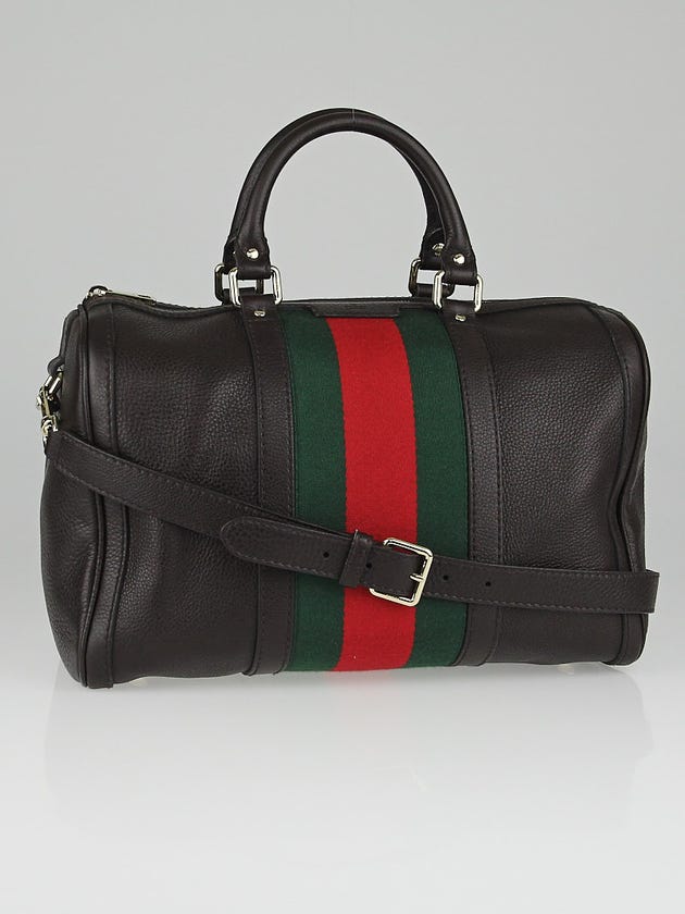 Gucci Dark Brown Leather Vintage Web Medium Joy Boston Bag w/Shoulder Strap