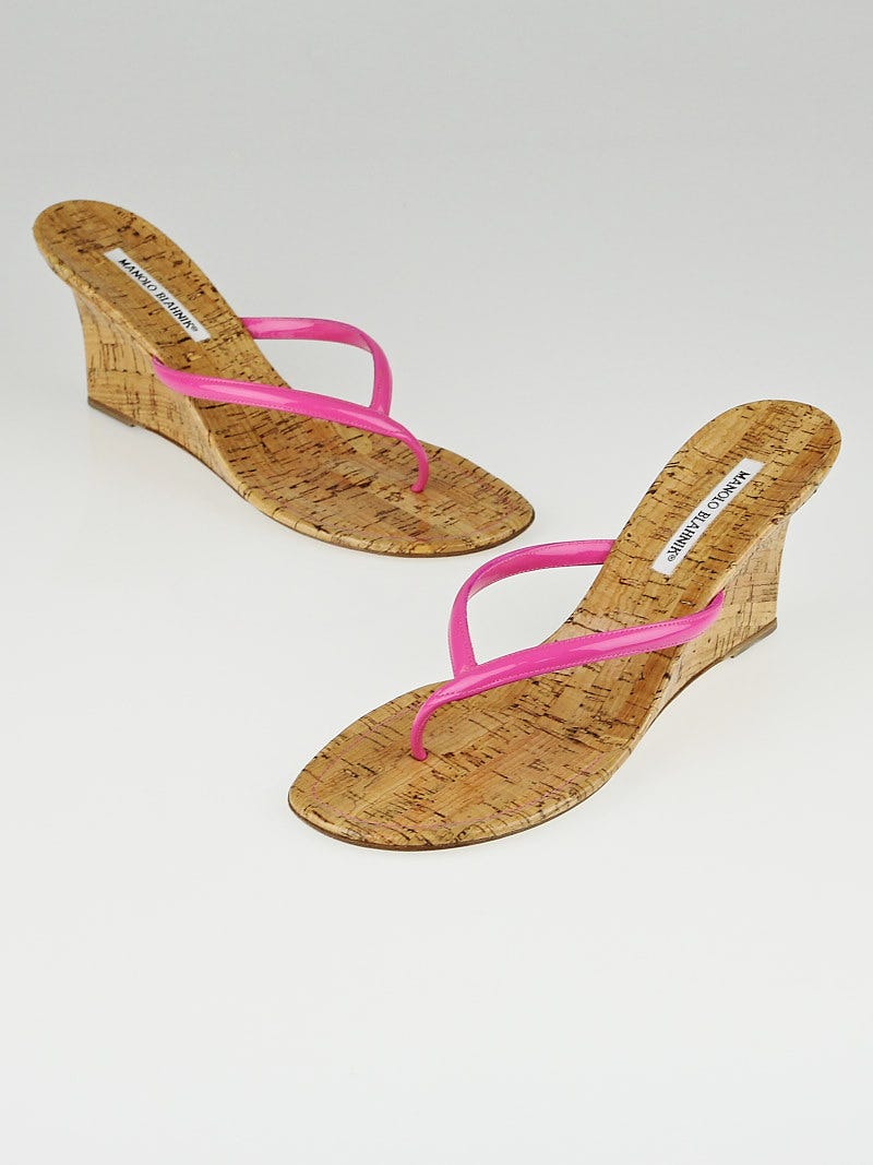 Manolo Blahnik Pink Patent Leather and Cork Wedge Sandals Manolo Blahnik Pink Patent Leather and Cork Wedge Sandals