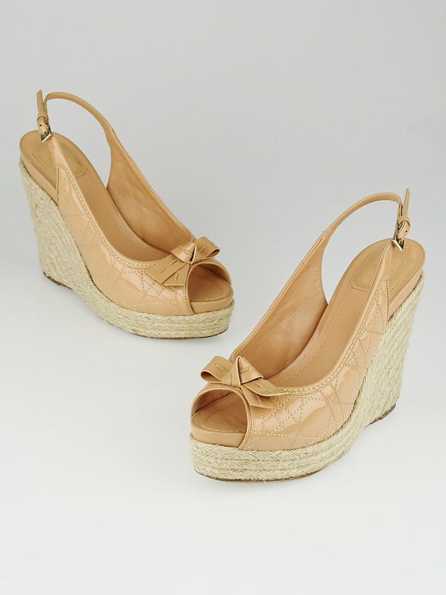 Christian Dior Beige Cannage Quilted Patent Leather Espadrille Wedge Sandals Size 9.5/40