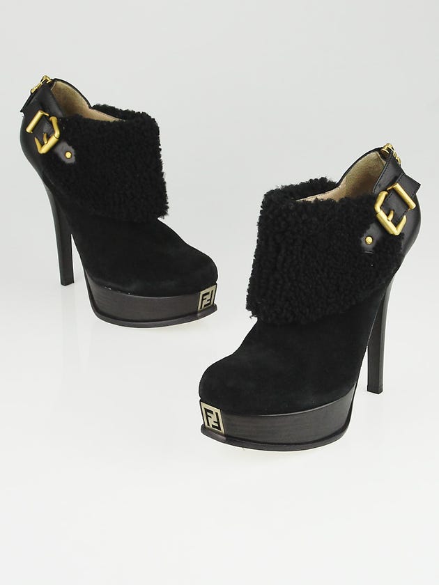 Fendi Black Suede and Shearling Platform Ankle Boots Size 9.5/40