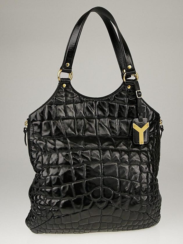 Yves Saint Laurent Black Croc Embossed Patent Leather Large Tribute Tote Bag