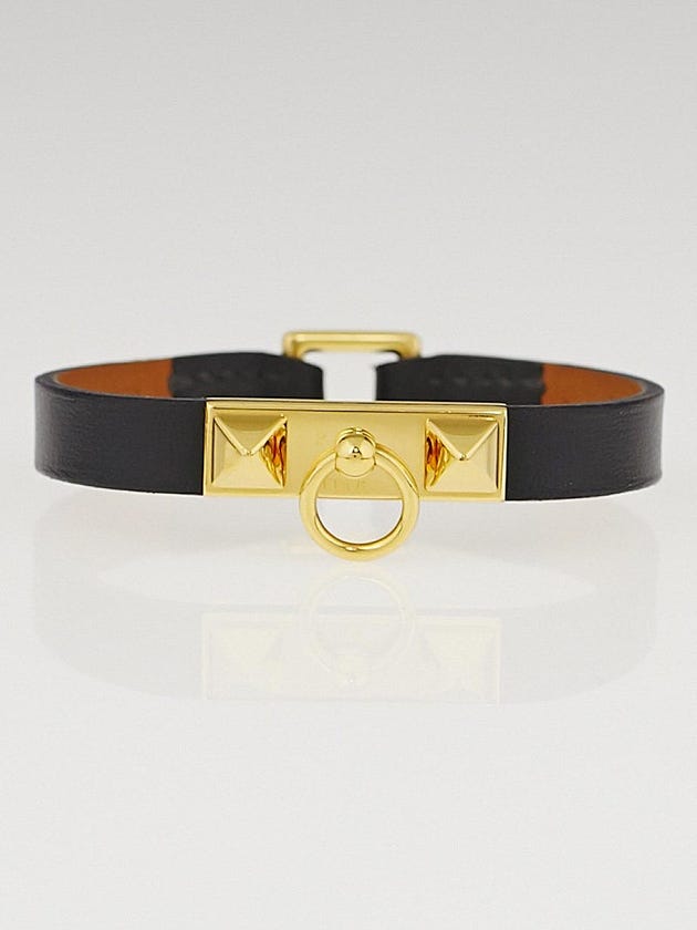Hermes Black Chamonix Leather Gold Plated Mini Rivale Bracelet Size XS