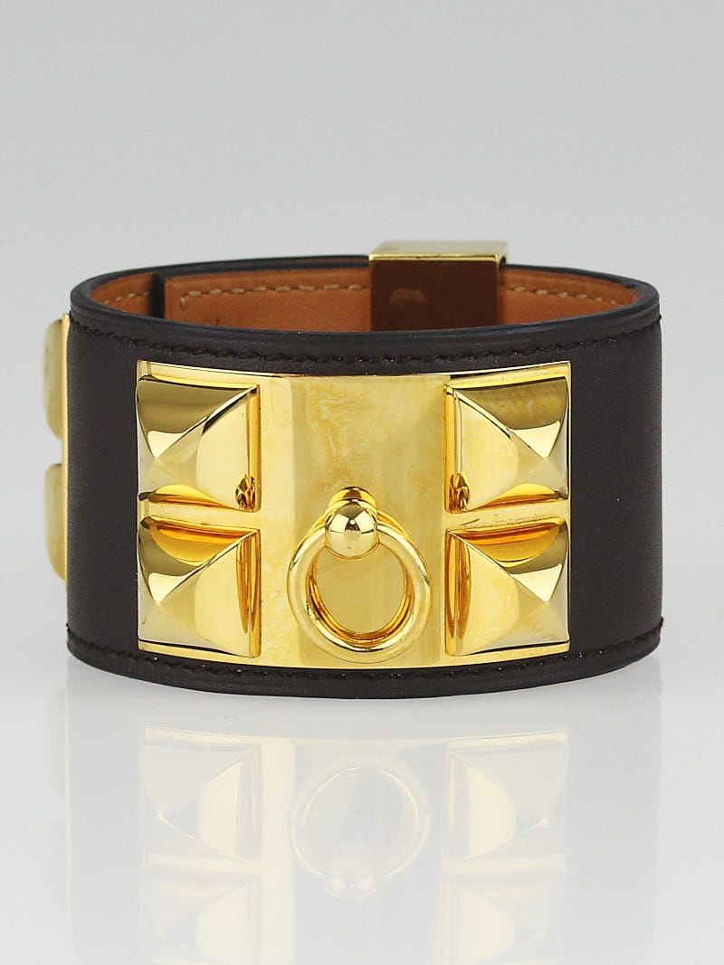 Hermes Ebene Swift Leather Gold Plated Collier de Chien Bracelet Size S -  Yoogi's Closet