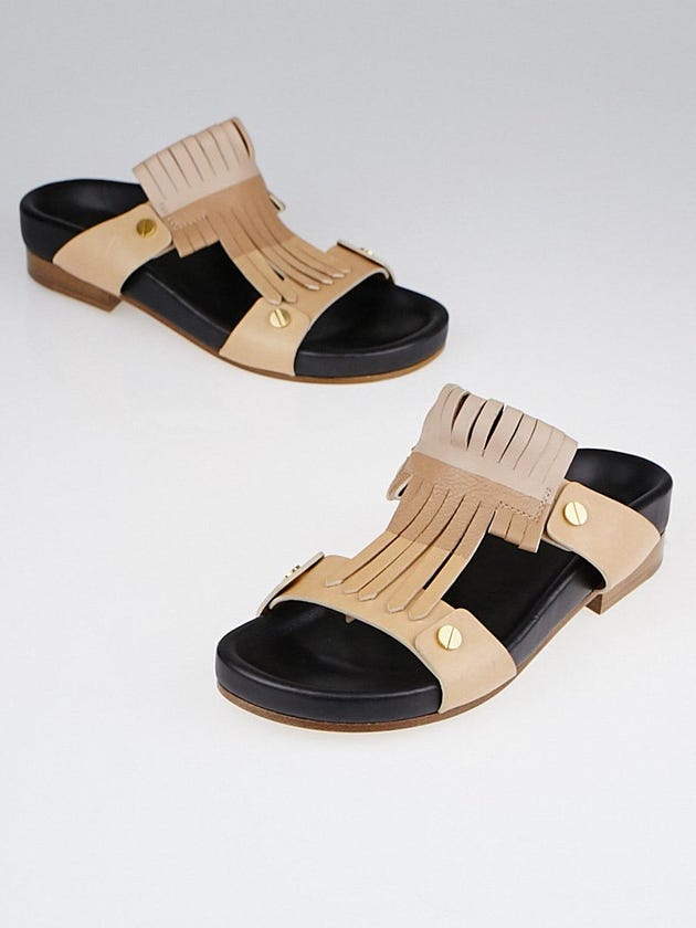 Chloe Nude Leather Fringe Slide Sandals Size 6/36.5