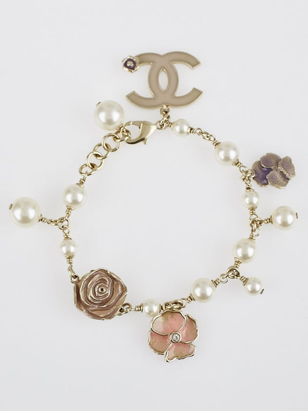 Chanel Glass Pearl and Crystal Camellia CC Charm Bracelet