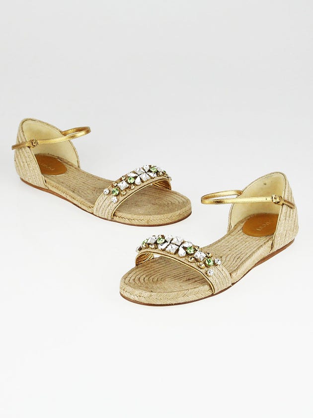 Gucci Natural Rope Jeweled Carolina Flat Espadrille Sandals Size 7.5/38