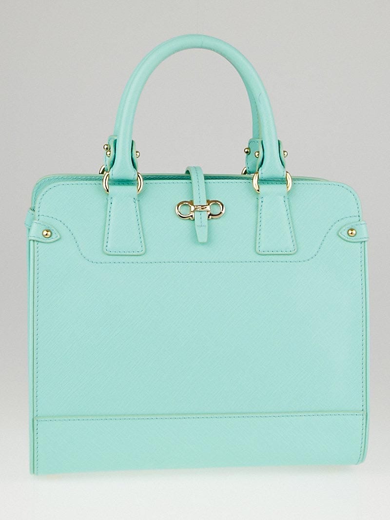 Salvatore Ferragamo Turquoise Textured Calfskin Leather Brianna Satchel Bag Yoogi s Closet