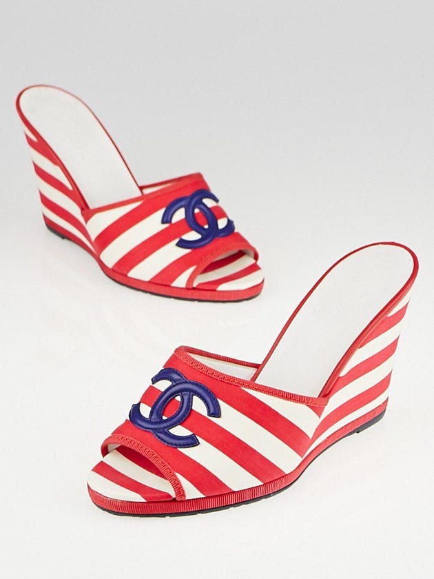 Chanel Red/White Striped Fabric CC Open-Top Wedge Sandals Size 6.5/37