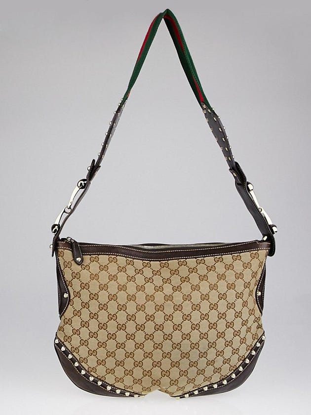 Gucci Beige/Ebony GG Canvas Vintage Web Medium Studded Pelham Shoulder Bag
