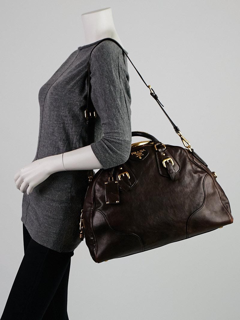 Prada Brown Glace Leather Dome Bowler Bag | Yoogi's Closet