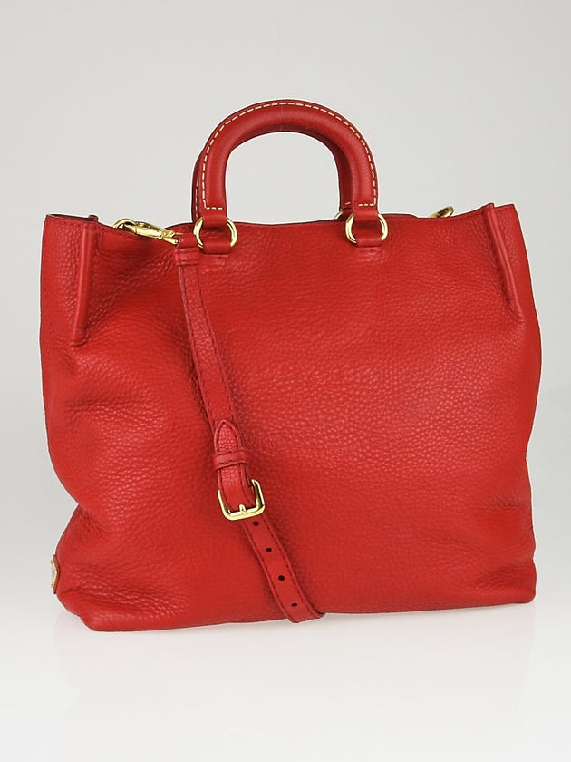 Prada Red Vitello Daino Leather Logo Stamped Shopping Tote Bag