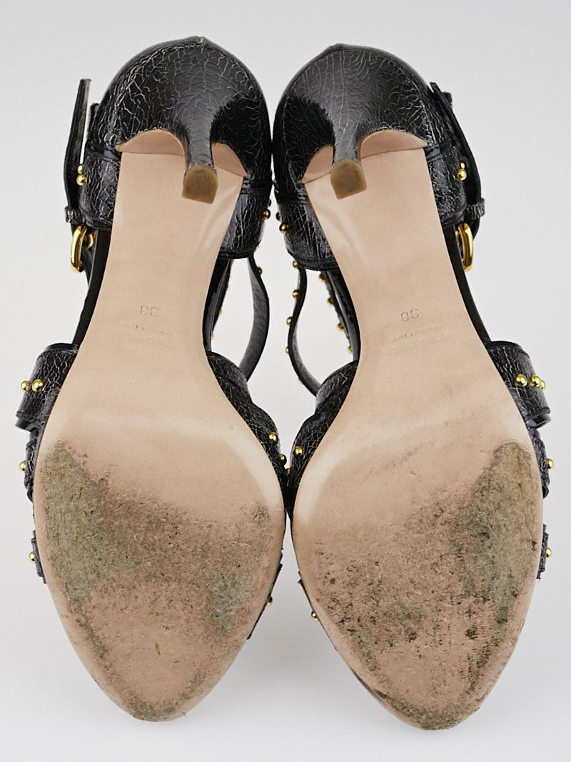 Miu Miu Black Cracle Shine Leather Studded Strappy High-Heel Sandals Size  7.5/38 | Yoogi's Closet