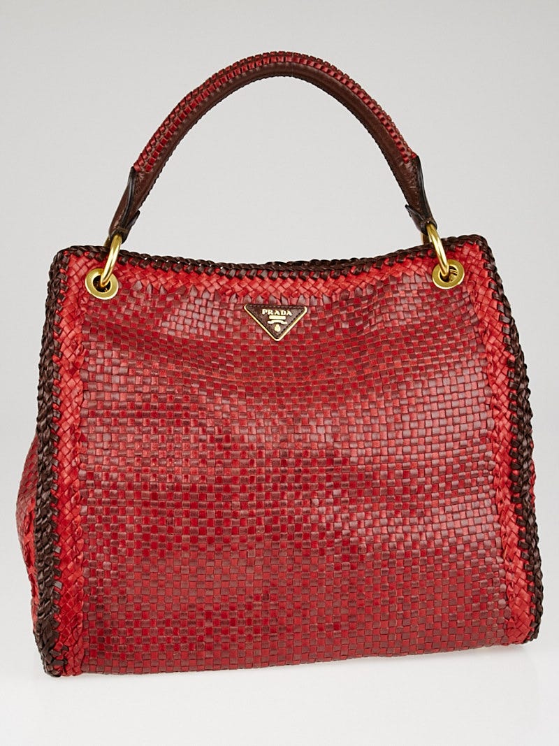 Prada Red/Brown Woven Goatskin Leather Madras Hobo Bag BR4801