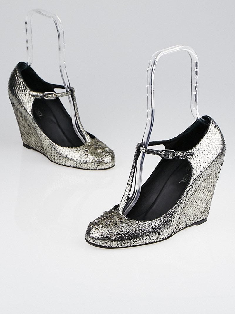 Chanel Metallic Silver Snakeskin T-Strap Wedges Size 10.5/41