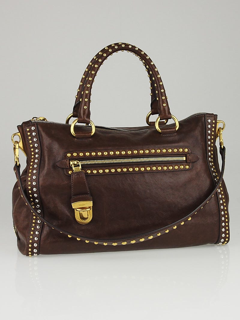 Prada Brown Pebbled Leather Studded Bauletto Bag BL0616 | Yoogi's