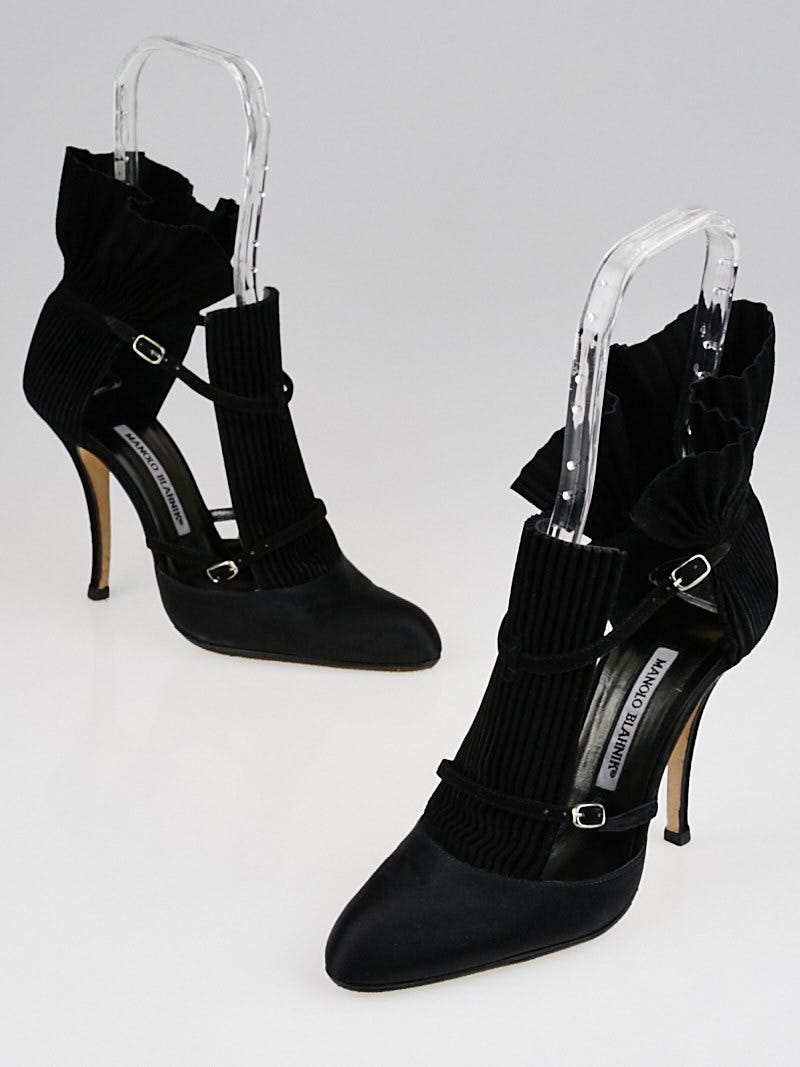Manolo Blahnik Black Satin and Ruffled Suede Ankle Strap