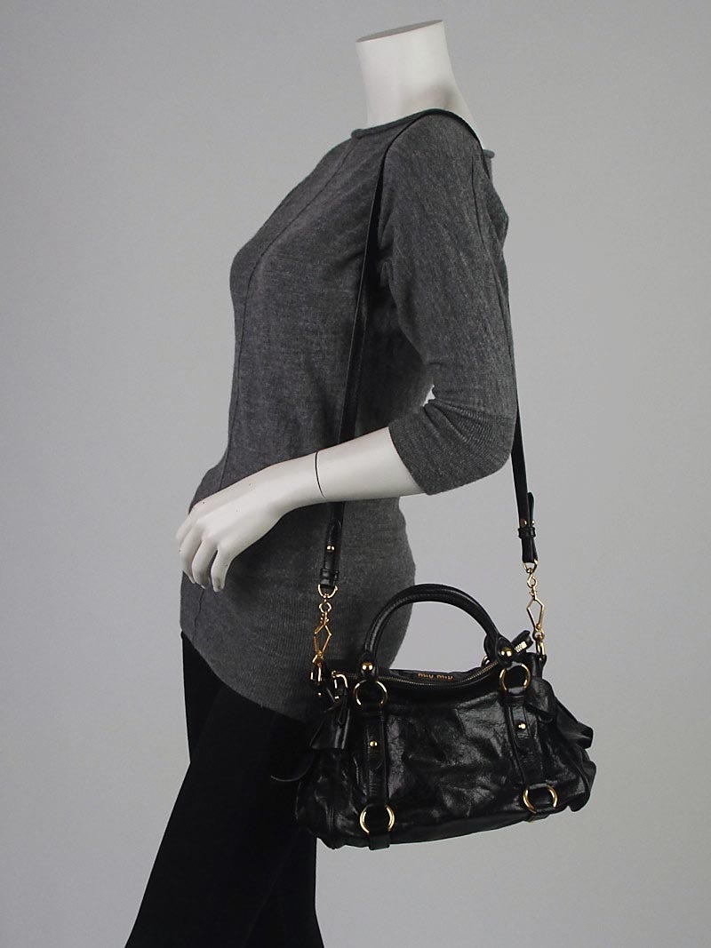 Miu Miu Black Vitello Lux Leather Mini Bow Top Handle Bag - Yoogi's Closet