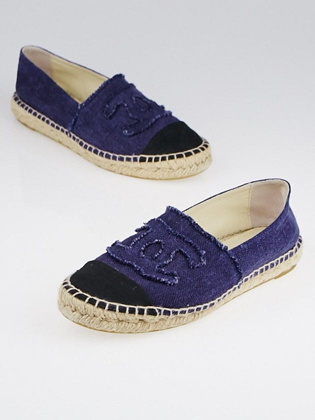 Chanel Blue/Black Linen CC Espadrille Flats Size 7.5/38