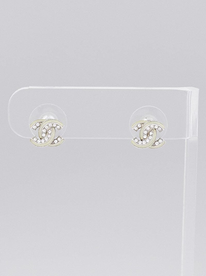 Chanel Silvertone Crystal and Resin CC Stud Earrings - Yoogi's Closet
