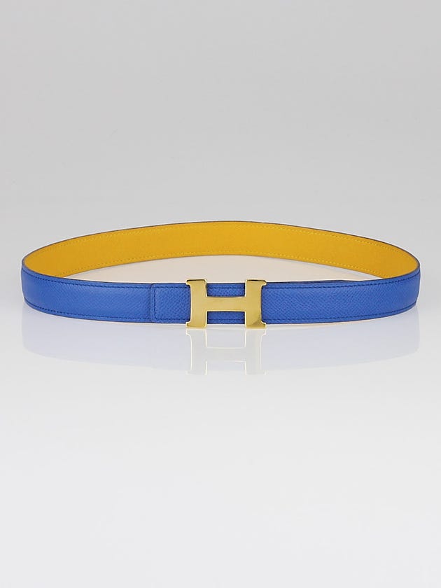 Hermes 24mm Blue France/Jaune D'Or Courchevel Leather Gold Plated Constance H Belt Size 70