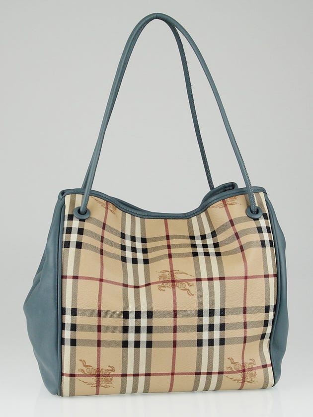 Burberry Blue Leather Haymarket Check Coated Canvas Knots Small Canterbury Tote Bag