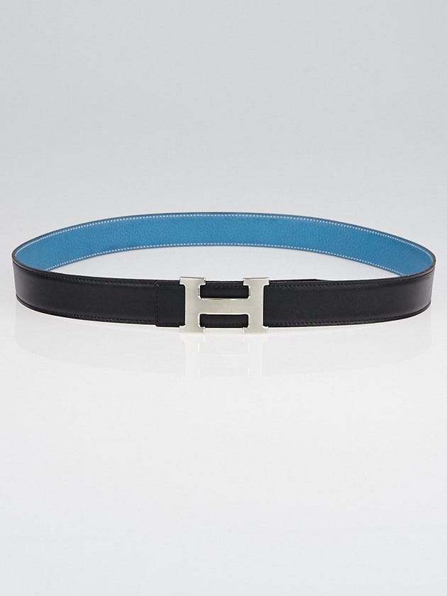 Hermes 32mm Black Box/Blue Jean Clemence Leather Brushed Palladium Plated Constance H Belt Size 95