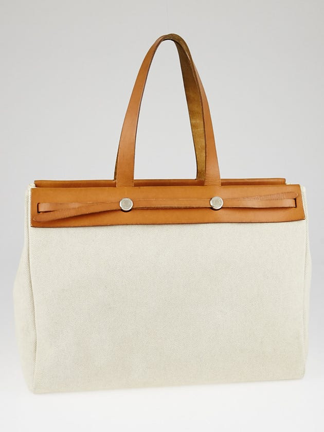 Hermes 40cm Natural Toile and Vache Calfskin Leather Herbag Cabas MM 2-in-1 Tote Bag