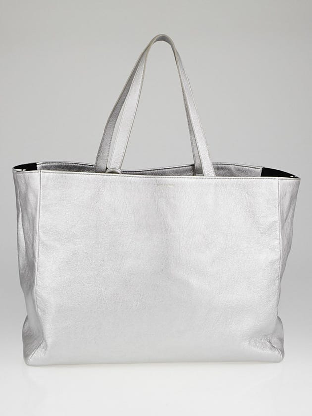 Yves Saint Laurent Silver Leather and Black Canvas Reversible East-West Shopper Tote Bag